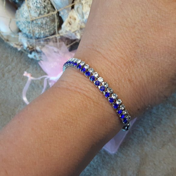 Adjustable Bracelet with Clear & Blue Cubic Zircon Strands - Picture 4 of 8